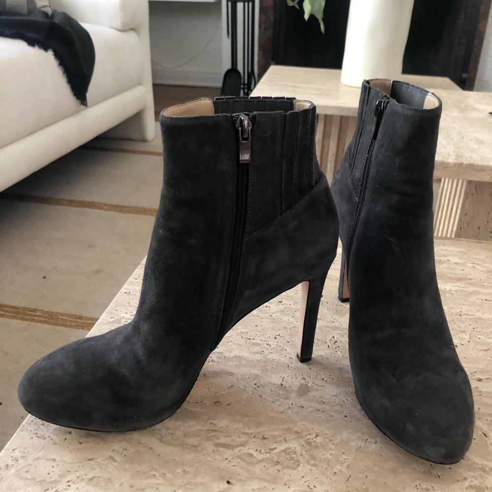 Gray heeled booties